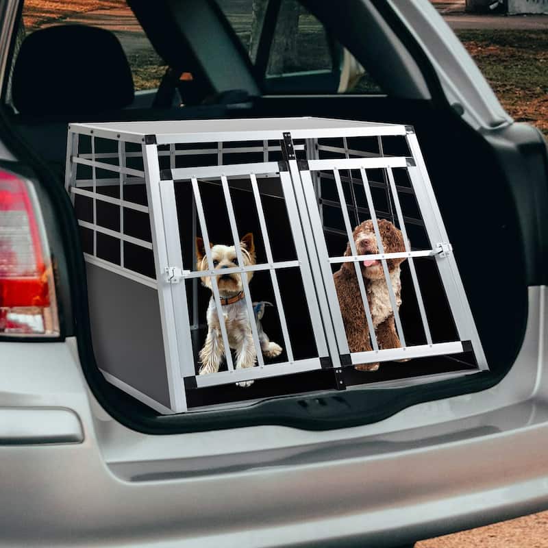 GDFStudio - Miller Aluminum Double Doors Travel Crate Trapezoidal Kennel Dog Cat Carrier Durable - Black