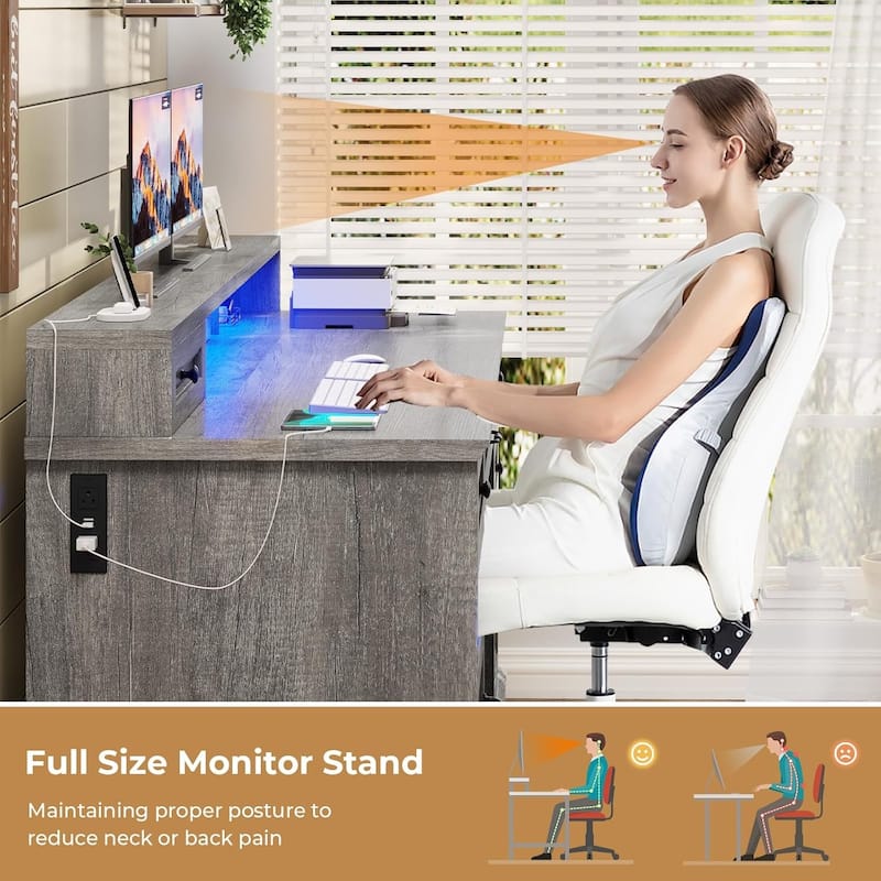 Executive Desk with Drawers Computer Desk with File Drawers Power Outlet LED Lights Storage Cabinet Monitor Shelf