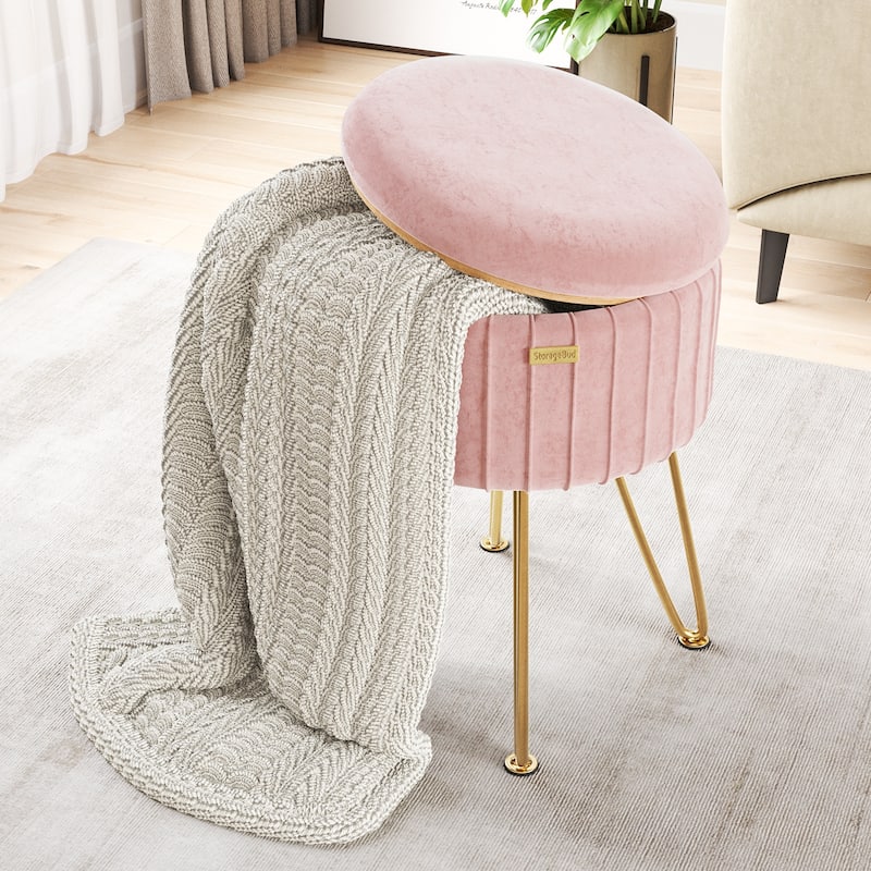 Emperyan Pleated Velvet Storage Ottoman, Modern Ottomans for Living Room and Bedroom
