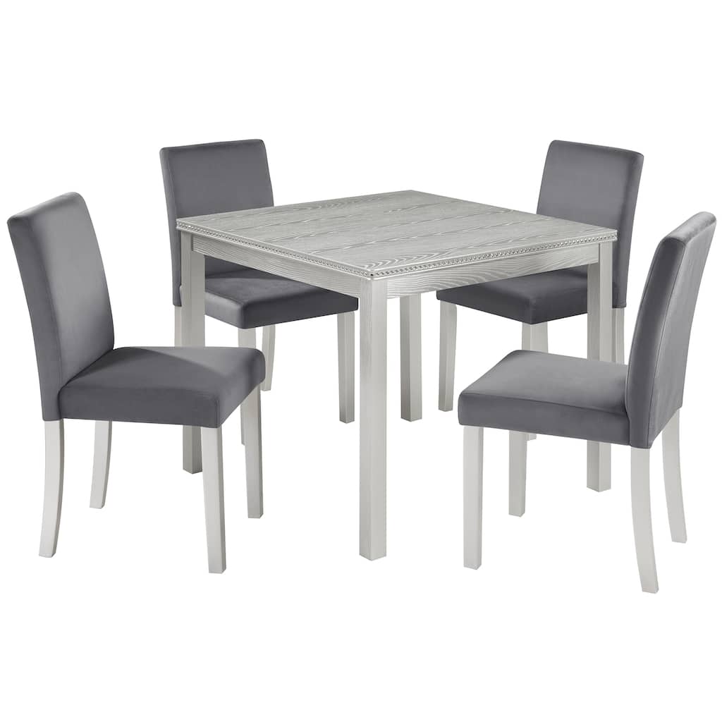Modern Counter Height Table Set with 1 Square Table, 4 Upholstered Chairs and Crystal Accents, for Dining Rooms, 5-Piece