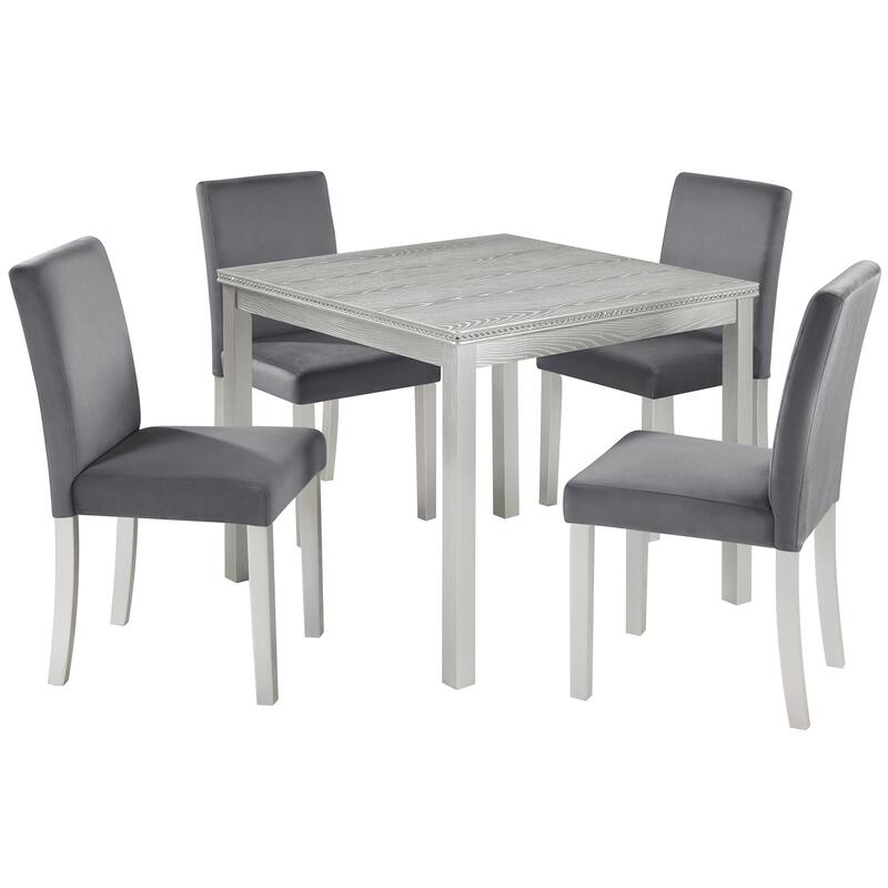 Modern Counter Height Table Set with 1 Square Table, 4 Upholstered Chairs and Crystal Accents, for Dining Rooms, 5-Piece - Grey