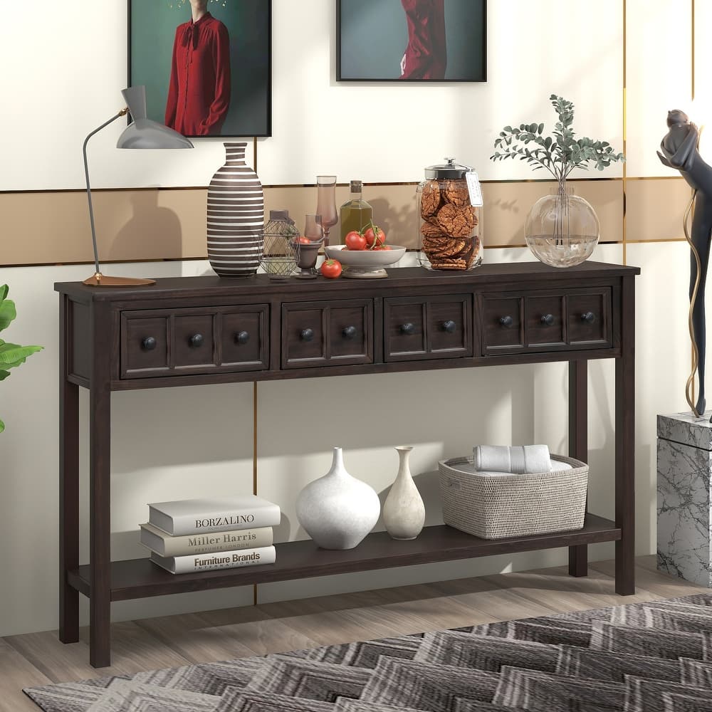 Entryway Console Table with 2 Different Size Drawers, 60" Long Solid Wood Sofa Table, Bottom Shelf and Wide Desktop