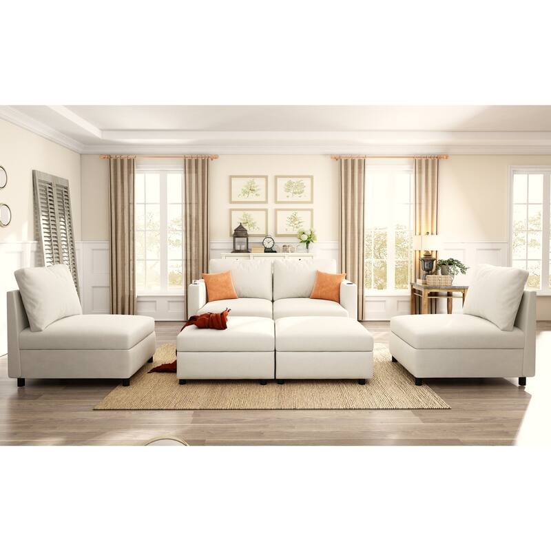 Oversized Sectional Sofa Set, Convertible L Shaped Couch Sofa Bed with Storage, 6 Seater Modular Sofa with Ottomans and Chaise