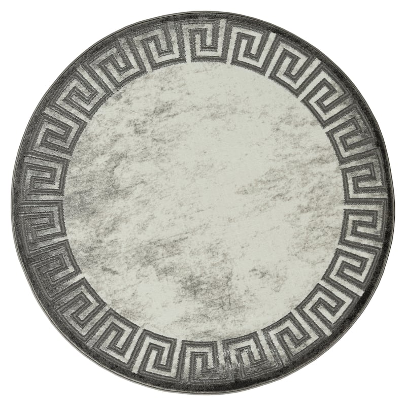 Brooklyn Collection Abstract Border Area Rug - 6'6" Round - Dark Grey/Light Grey