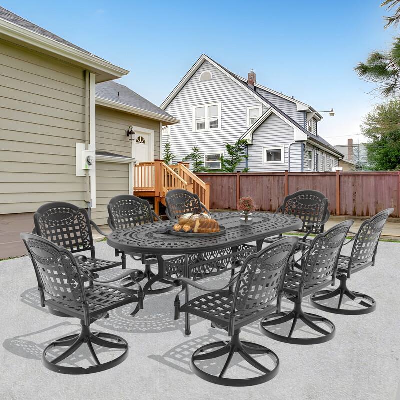 9-Piece Aluminum Oval Outdoor Patio Dining Set, 8 Cushioned Swivel Chairs, Table, All-Weather Frames