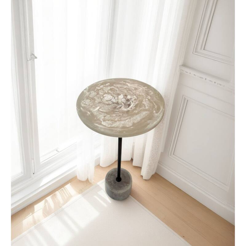 Solace Round Accent Table - Resin Top and Iron Frame Pedestal Base Table Antique Copper Finish - White