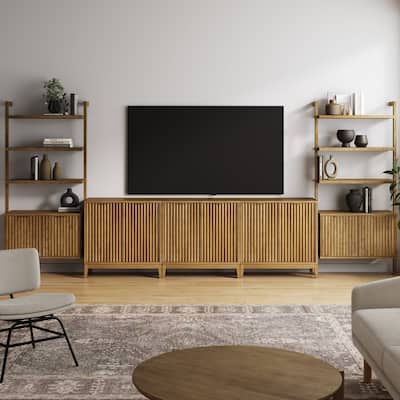 Jasper Mid Century Modern Solid Wood Entertainment Center or Wall Storage Unit with Fluted Doors