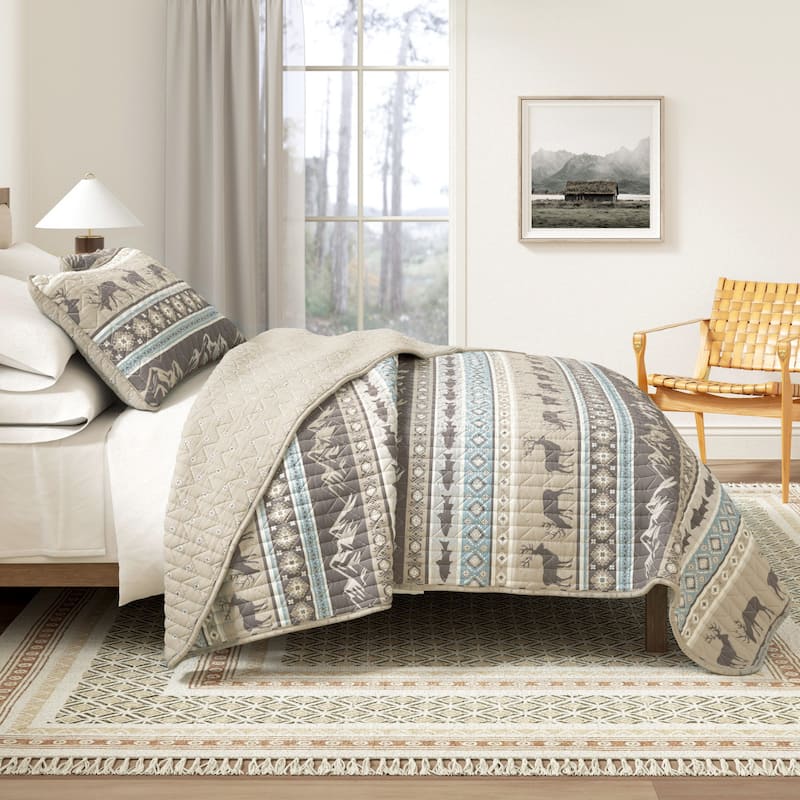 Linery & Co. Wildlife Stripe Microfiber Quilt Set With Shams - Rustic Lodge Stripes - King
