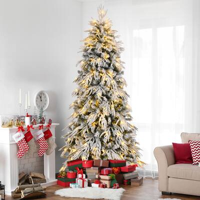 Slim Flocked Pre-lit Christmas Trees with PE&PVC Tips & Warm White LED Lights
