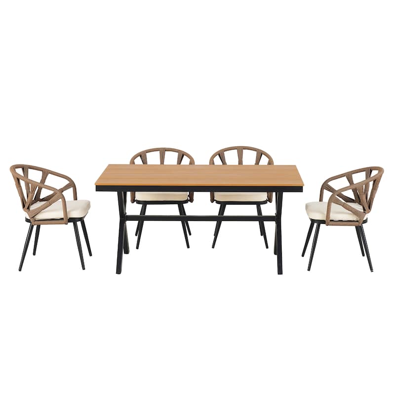 Contemporary Outdoor Set with PE Rattan Chairs & Plastic Wood Table for Gardens & Lawns