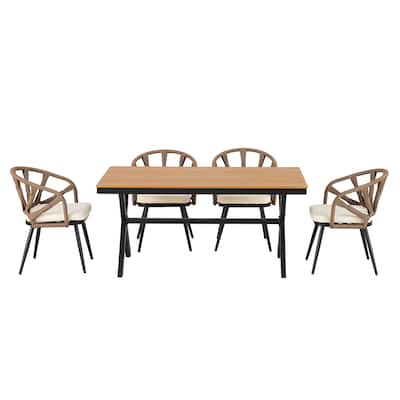 Modern Outdoor Furniture Set, 5 Piece Iron Patio Dining Table and Chair Set, Include 4 PE Rattan Chairs and Plastic Wood Table
