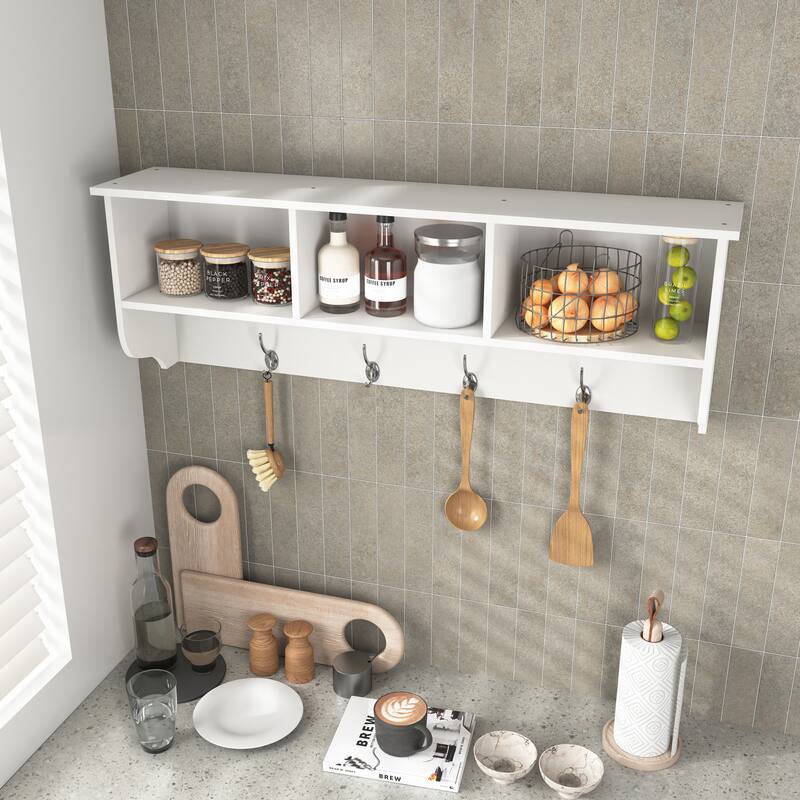 Anmytek White Wall Mounted Coat Rack 4 Dual Hooks Wooden Storage Shelf Entryway Living Room