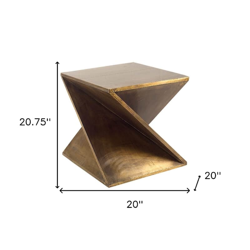 21 Inch Brass Clad Distressed Wood Abstract Z Shape End Table - 20" x 20" x 20.75"