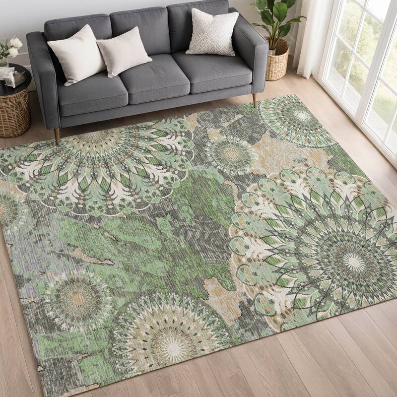 Machine Washable Indoor/ Outdoor Traditional Pinwheel Chantille Rug