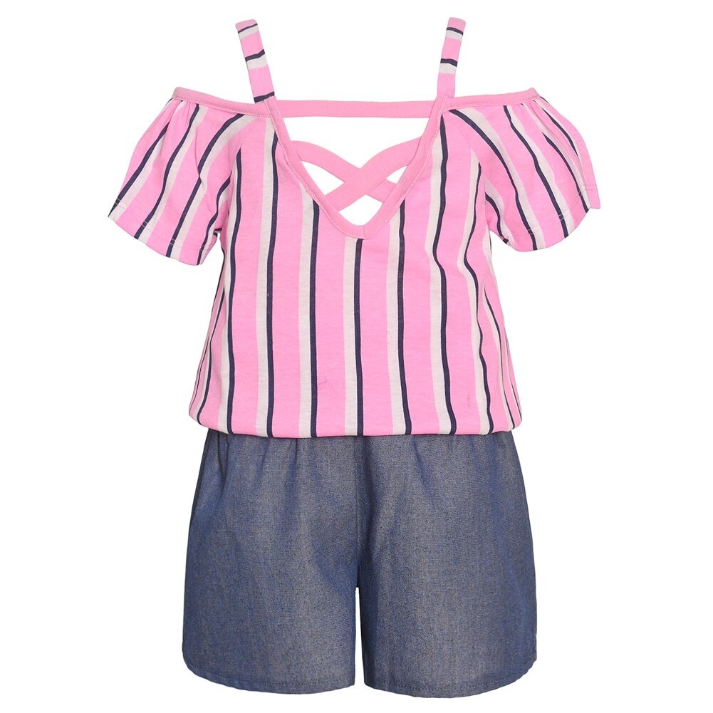 Shop Little Girls Pink Stripe Off Shoulder Strap Top Casual 2 Pc