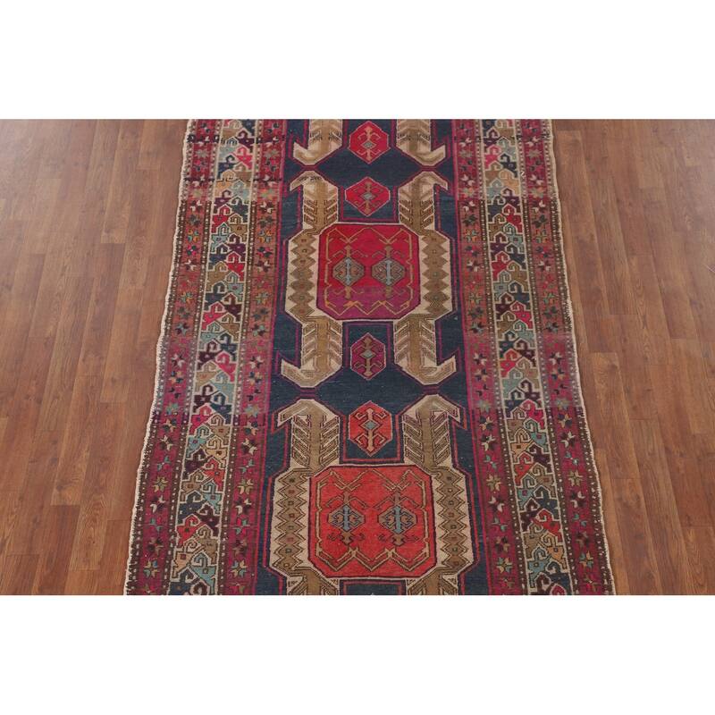 Navy Blue Meshkin Persian Vintage Runner Rug Handmade Wool Carpet - 4'3"x 11'8"