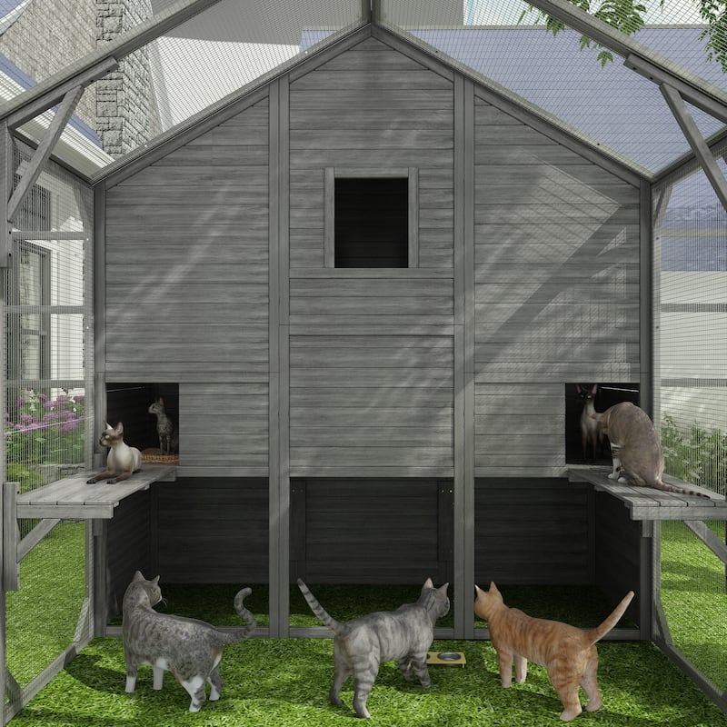 Large Outdoor Wooden Chicken Coop & Cat Enclosure with Run, 2 Colors Pet Cage