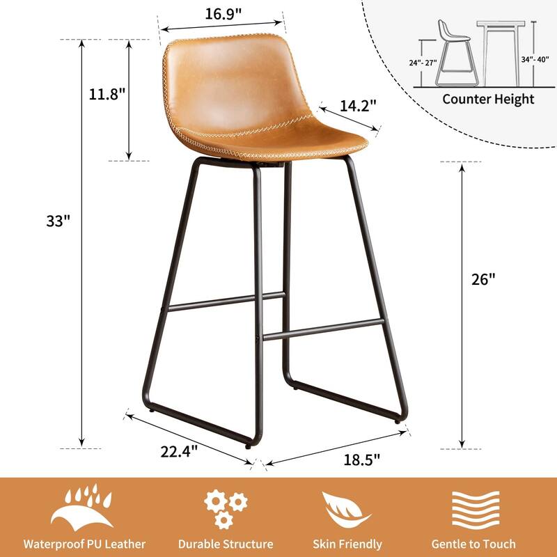 Counter Height Bar Stools Set of 2, Counter Stools with Backs, Modern Bar Stools for Kitchen Island, Bar Stools 26" Seat Height