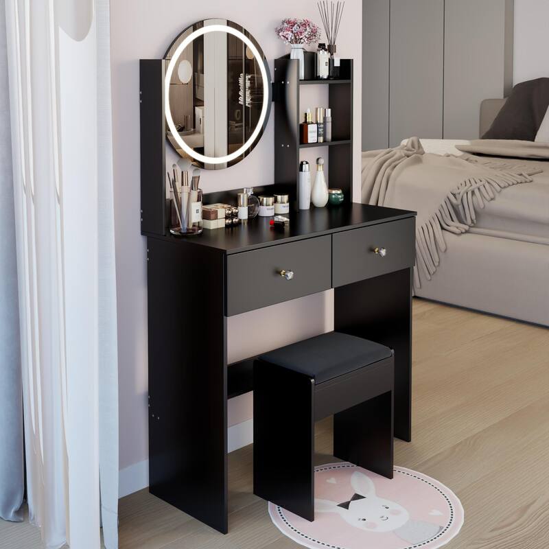 Round LED Mirror Vanity Table, Dressing Set with Cushioned Stool, Makeup Cabinet with Touch Mirror & Multi-layer Storage