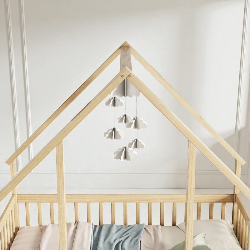 Twin/Full Size Wooden House-Shaped Floor Bed with Fence and Guardrails, Kids Montessori Bed with Roof Frame