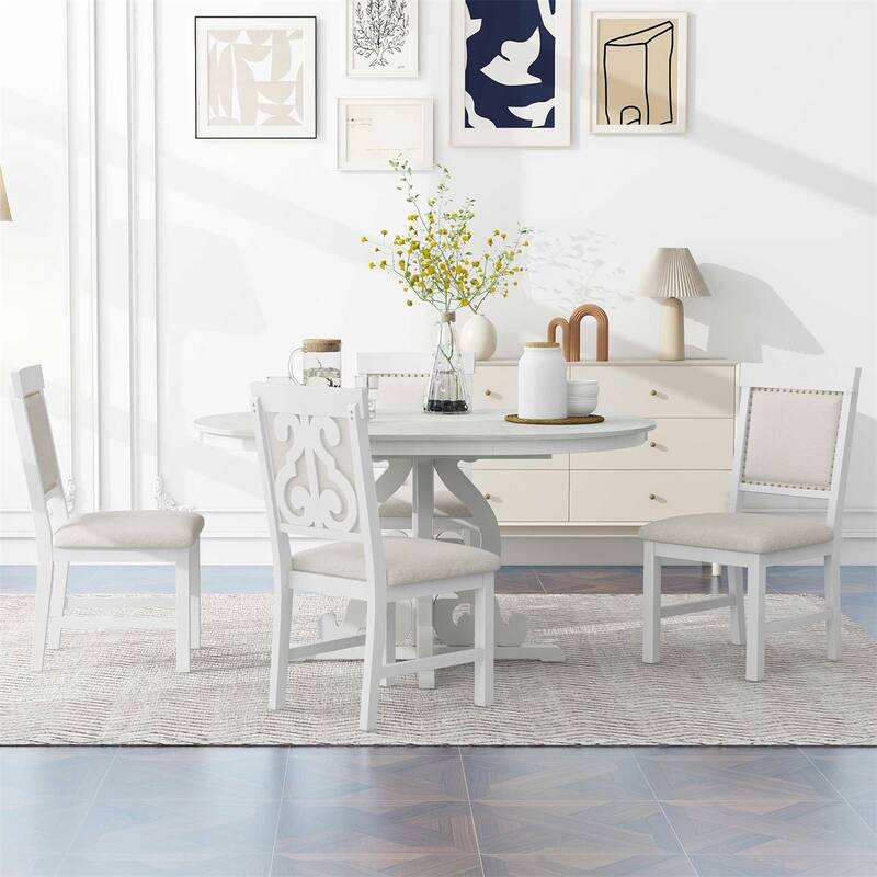 5-Piece Retro Dining Set, Extendable Table and 4 Upholstered Chairs