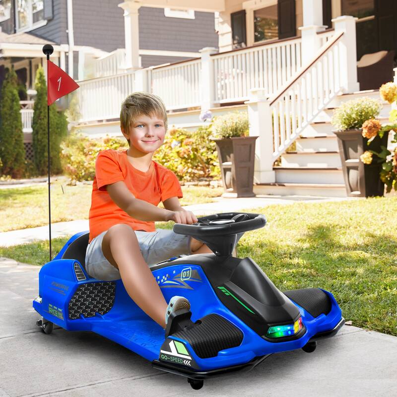 Aosom 12V Electric Go Kart, 5 MPH Drifting Car Battery Powered Ride on Toy Outdoor with Slow Start, Music, Colorful Lights - Blue