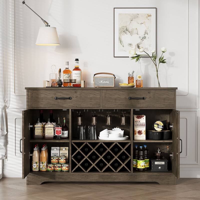 Meyreso 55" Oak Farmhouse Coffee Bar Cabinet with Hutch and Wine Storage