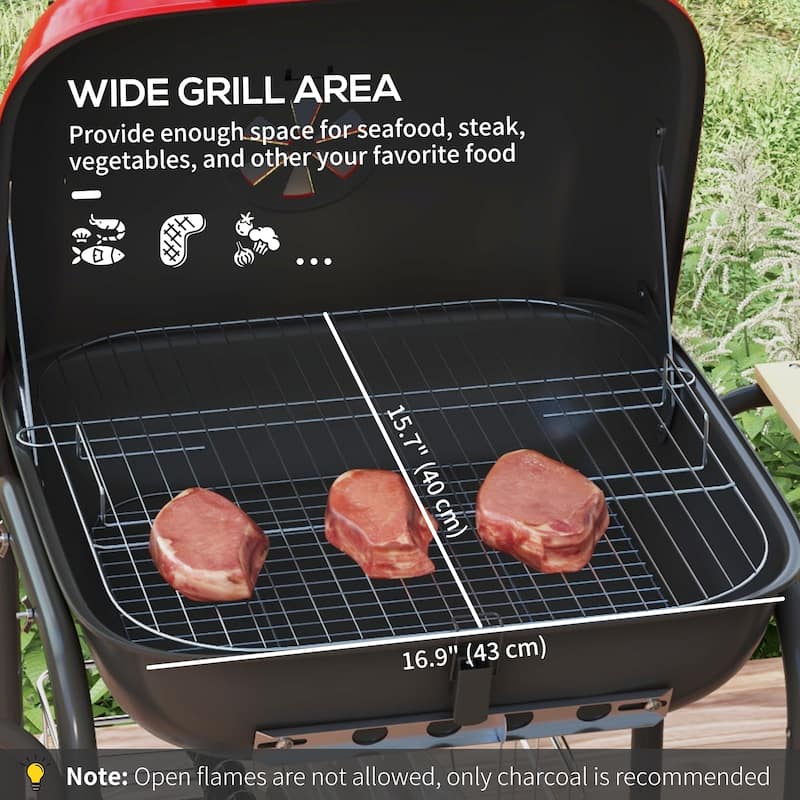 Portable Charcoal Grill with Wheels 2 Side Tables and Bottom Shelf, Adjustable Vents, for Picnic Camping, Backyard, Cooking