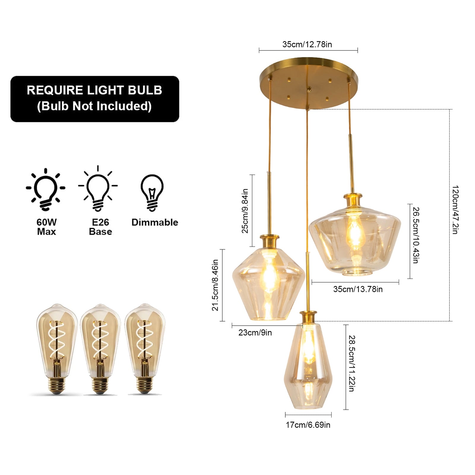Champagne Gold Glass 3 Heads Pendant Light Flush Mount Ceiling