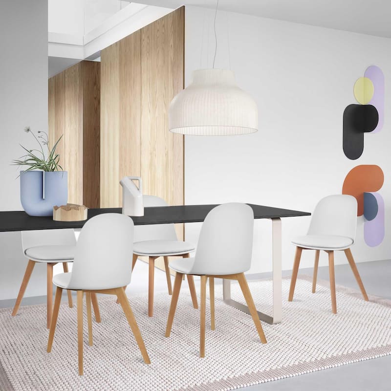 Set of 4 Plastic Dining Chairs Padded Cushion Faux Leather Wooden Legs For Kitchen Waiting Room Outdoor Party