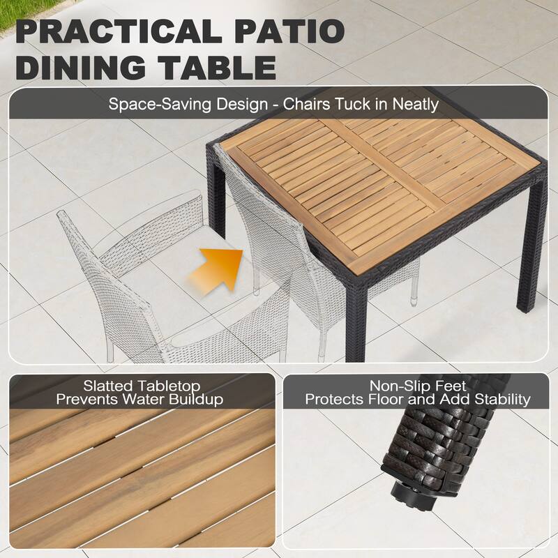 Acacia Wood Wicker Patio Dining Set with Cushions, Black