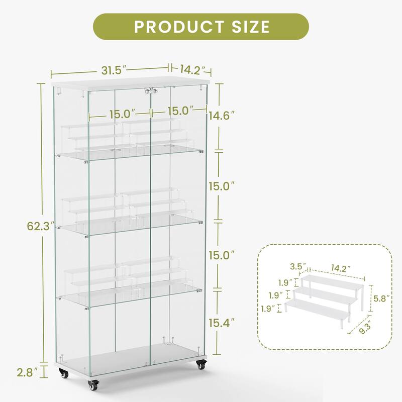 4 Tier Glass Display Cabinet, Double Door Glass Cabinet with Two Locks, Floor Standing Storage Cabinet with 6 Acrylic Shelves
