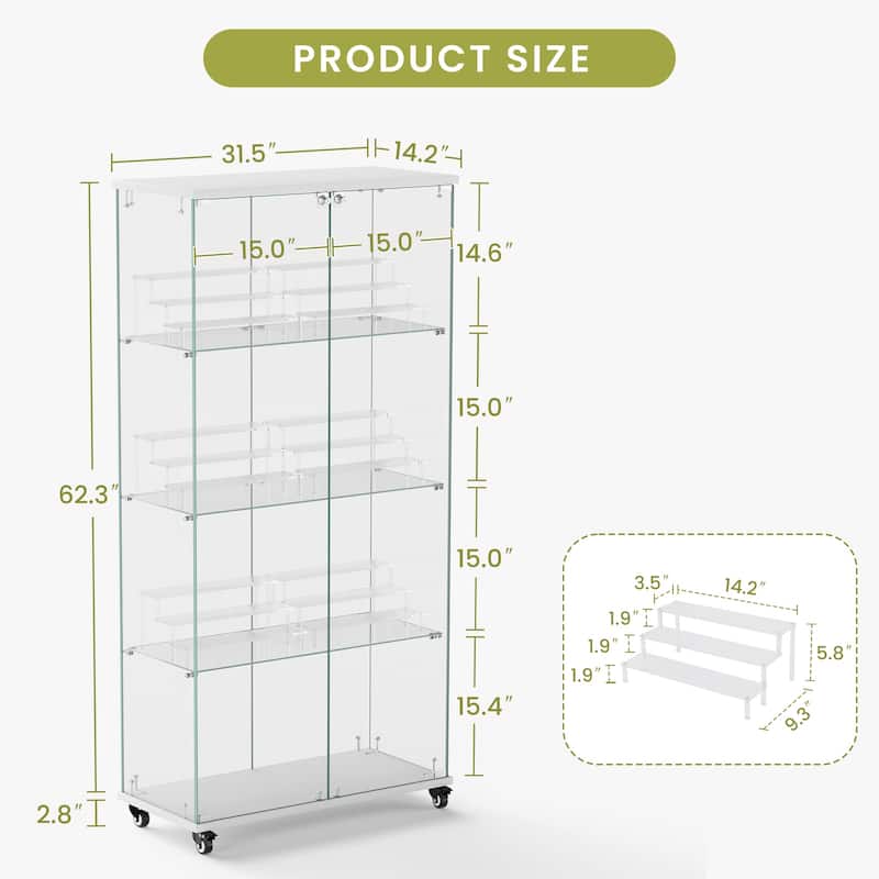 Glass Display Cabinet with Doors & Locks, Acrylic Shelves, Floor Standing Storage Showcase for Home or Office