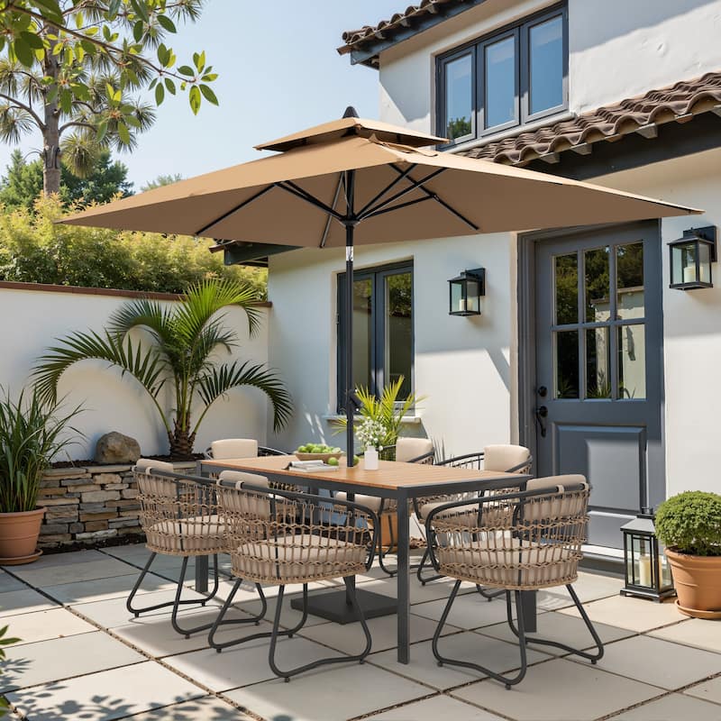 9/11-Piece Outdoor Patio Dining Set Aluminum Table and Chairs w/10 ft Market Umbrella and Base - Brown - Set of 9 - 71.42 inches