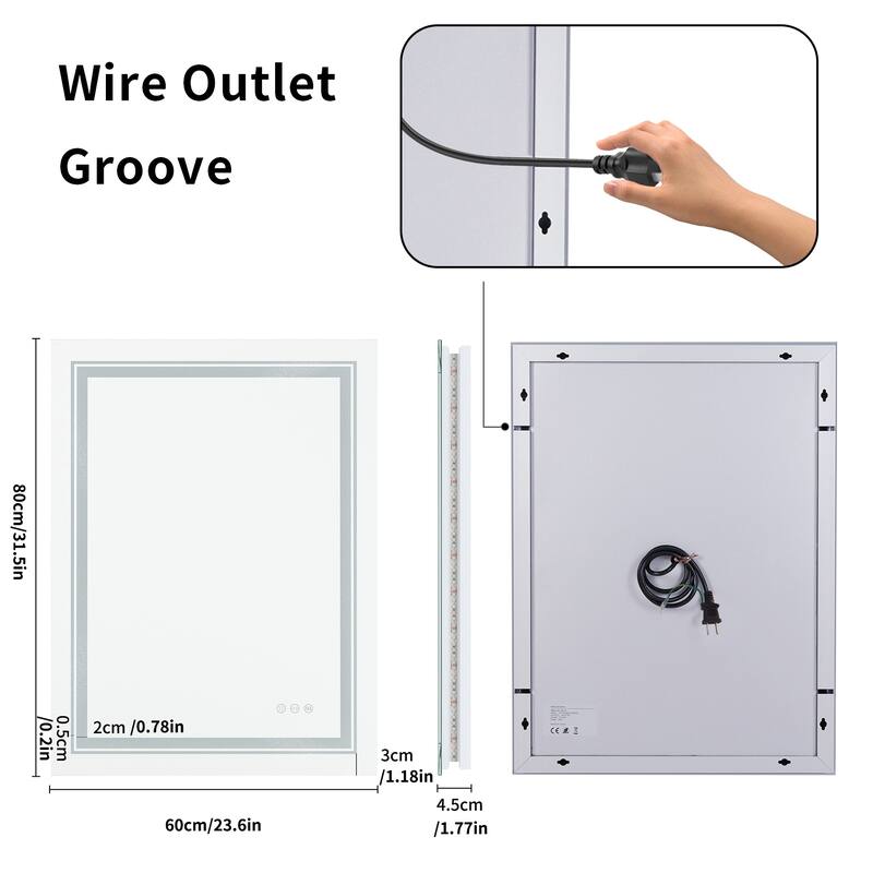 Large Rectangular Frameless Anti-Fog LED Wall Bathroom Vanity Mirror - 32'' x 24''