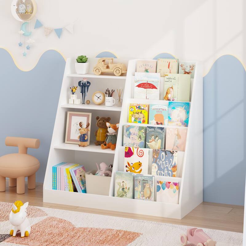 Anmytek Kids Bookcase Large Capacity Trapezoid Bookshelf Eco Friendly Wood Toy Storage Organizer Cabinet