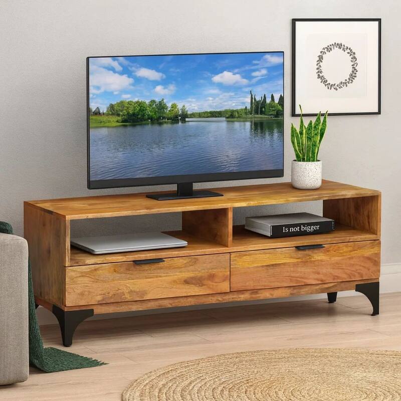 TV Stand, Brown Mango Wood, 2 Shelves and 2 Drawers, 47 Inch
