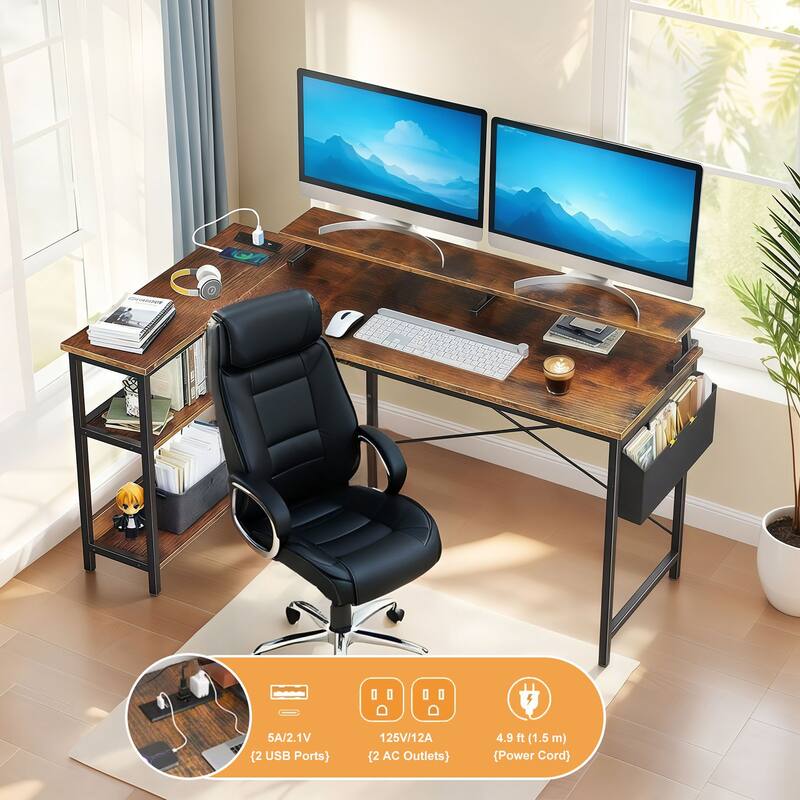 GDF Studio - Beaumont Modern Industrial Reversible L-Shape Computer Desk with Power Outlets