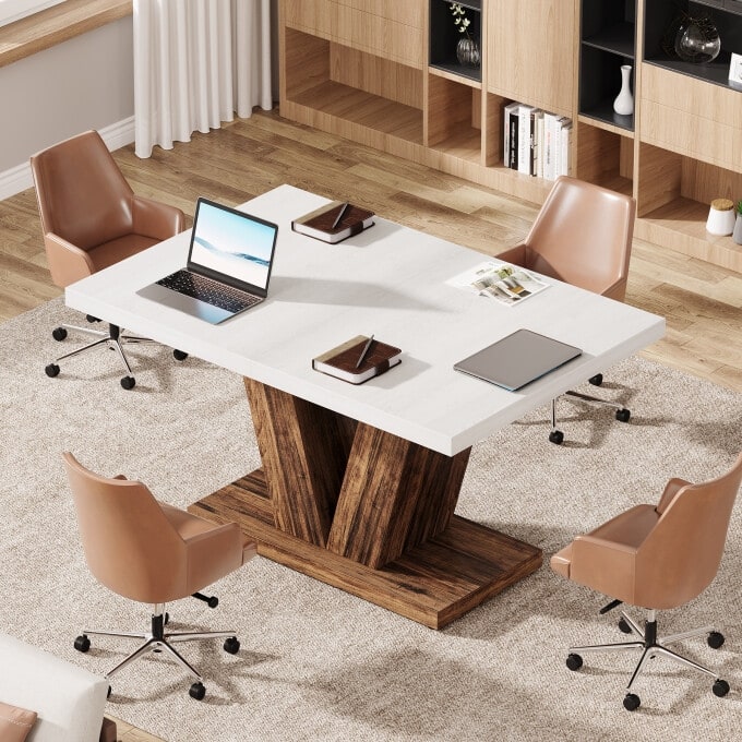 47-Inch Wooden Executive Desk with Heavy Duty Pedestal, Farmhouse Office Computer Desk for Home Office