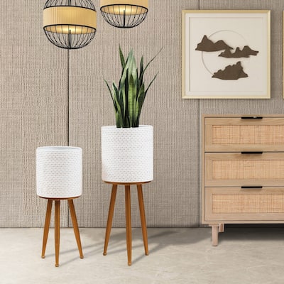 Distressed White Cachepot Planters with Bronze Metal Stands (Set of 2)