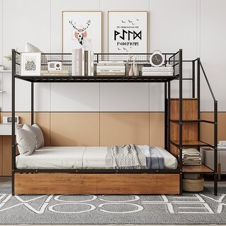 Black Twin over Full Size Metal Bunk Bed with Drawer and Lateral Storage Ladder and Wardrobe
