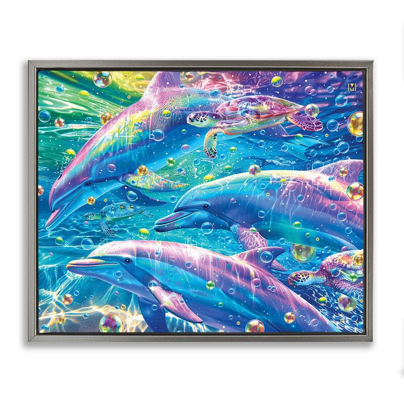 Stupell Chromatic Dolphins Trio Framed Floater Canvas Wall Art Design By Michael Ward - 31 x 25 - Grey