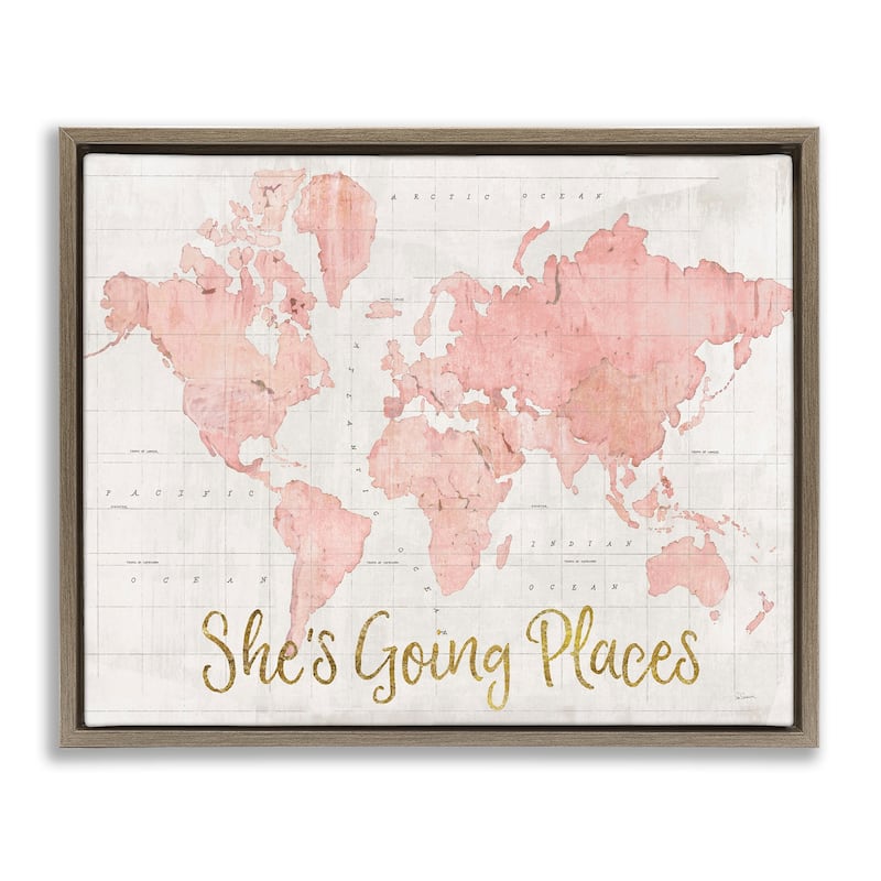 Stupell She's Going Places Quote Pink Watercolor World Map Floater Frame - Beige - 31 x 25 - Brown