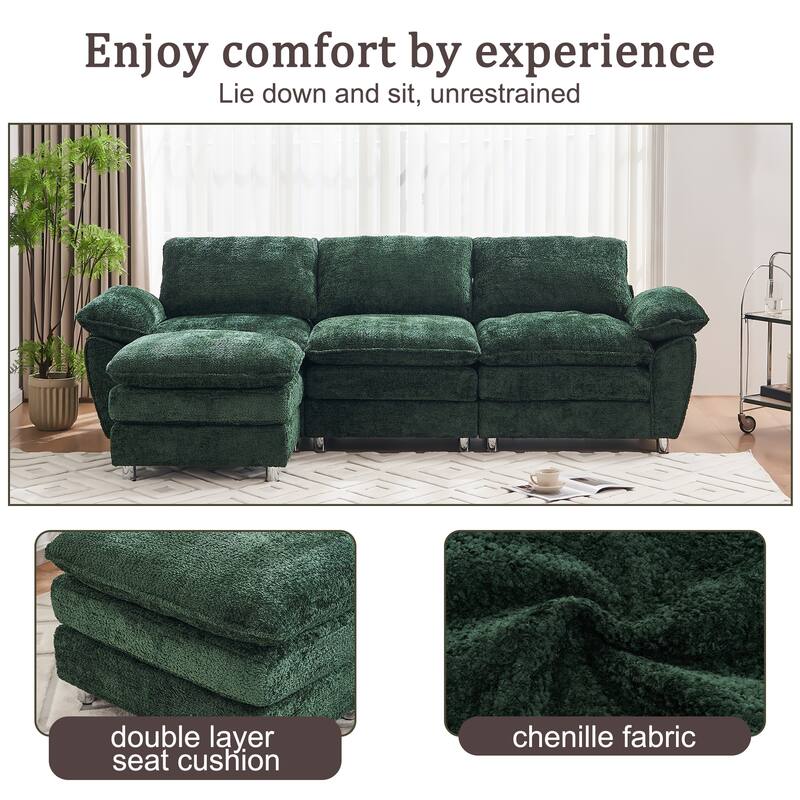 Modern Polyester Deep 3-Seater Sofa Couch with Ottoman