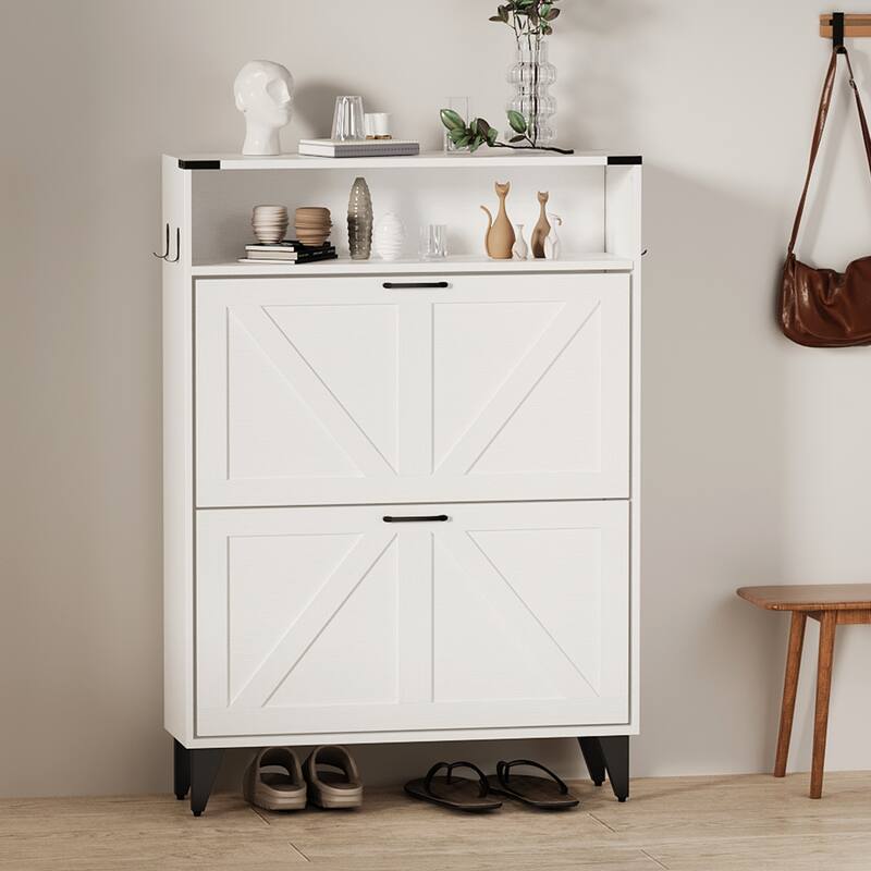 Shoe Rack, Shoe Cabinet with 2 Flip Drawers, Front Door Shoe Rack with Metal Legs and Adjustable Shelf
