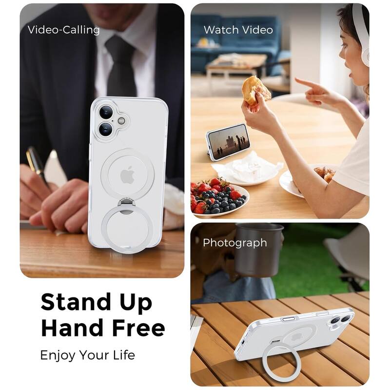 iPhone 16 360° Adjustable Stand Compatible with MagSafe, Translucent Cover with Magnetic Ring Case Non-Slip and Shockproof