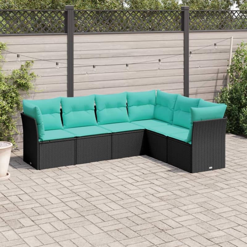 vidaXL 6 Piece Patio Sofa Set with Cushions Black Poly Rattan - 92.1x27.2x70.5-Without table