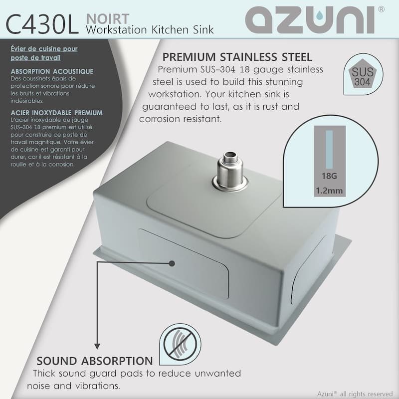 AZUNI 31.25 inch Top Mount Single Bowl Stainless Steel Ledge Workstation Kitchen Sink with Accessories C430L Handmade