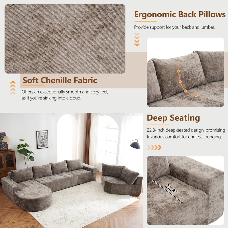Chenille U-shaped Sofa, Cloud Sectional Sofa Set Upholstered Deep Seat Couches with 6 Pillow Recliner Sofa for Living Room