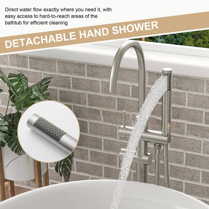 Freestanding Bathtub Faucet Floor Mount Tub Filler Matte Black, Swivel Gooseneck Spout with Cylinder Handheld
